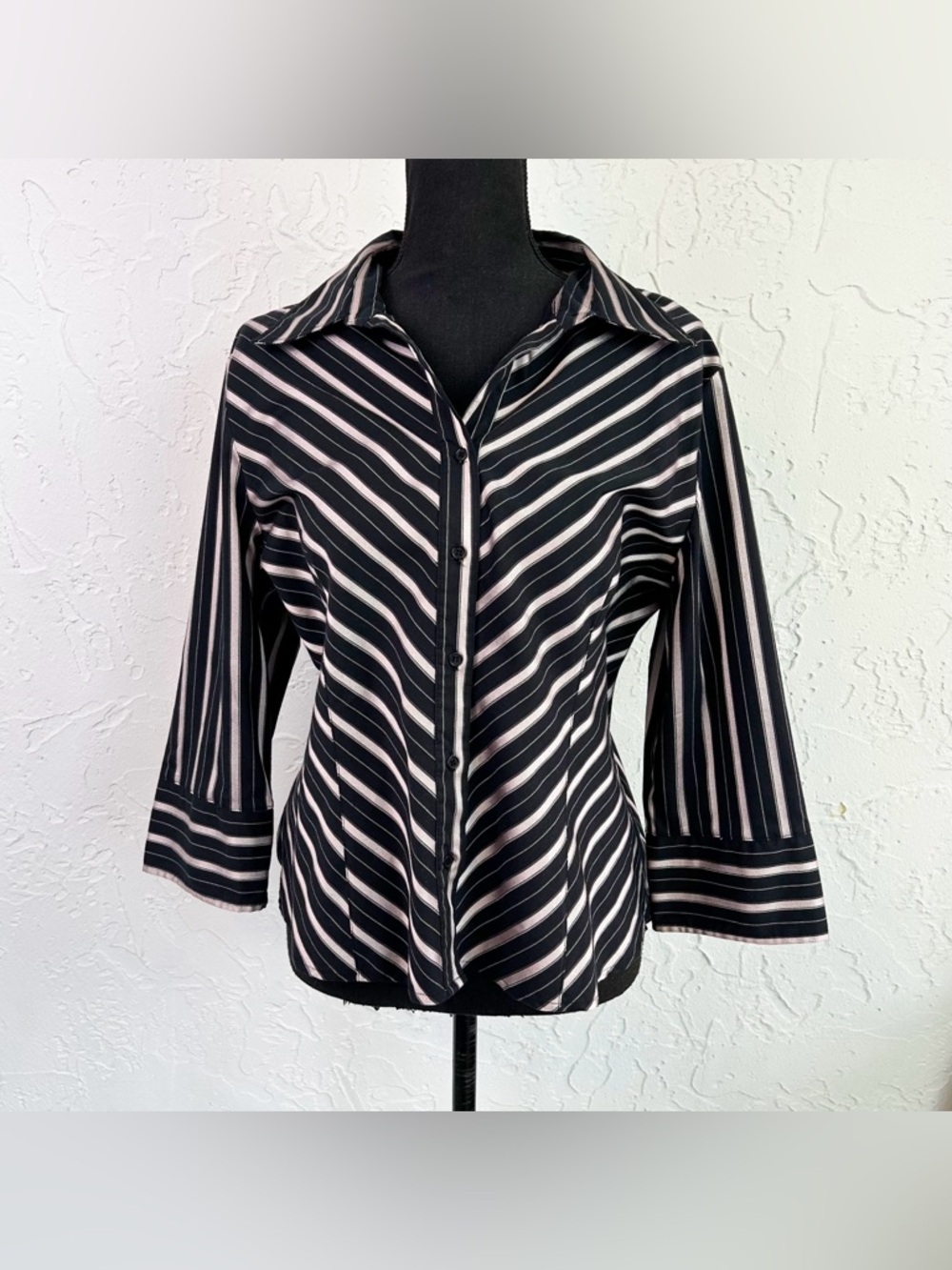 Vintage 90s Y2K Black and Pink Striped Fitted Collared Button Up Shirt Size XL